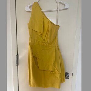 Shoshanna Cocktail Mini Dress One Shoulder Yellow Cotton Silk Size 2
